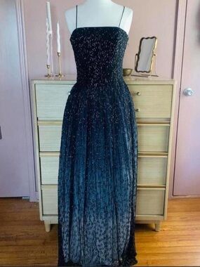 100% Silk Cache Navy Blue Beaded Strapless Evening Gown